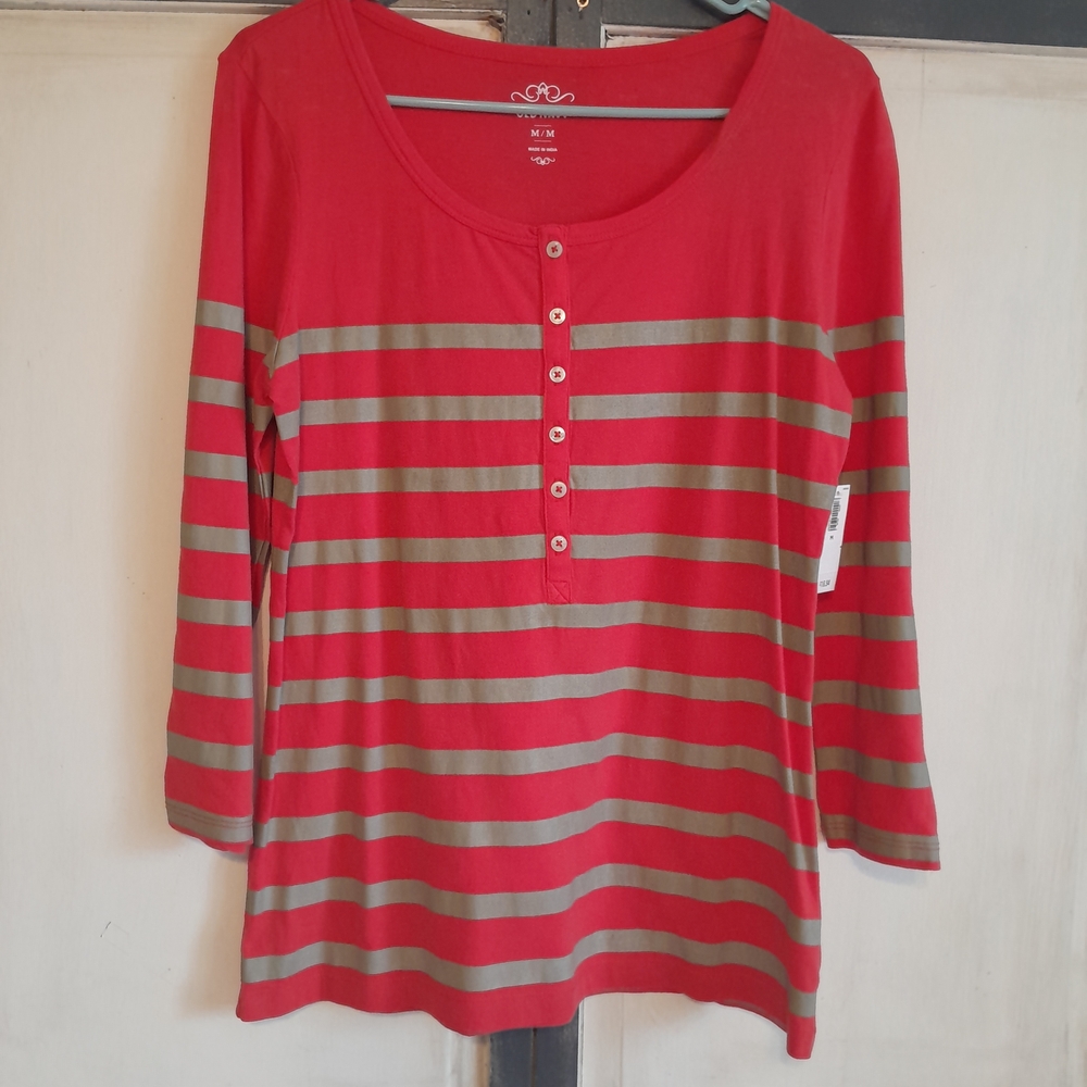 Old Navy Pinkish Red and Gray Striped Women's Top NWT